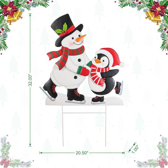 Glitzhome® 32" Christmas Metal Skiing Snowman and Penguin Yard Stake